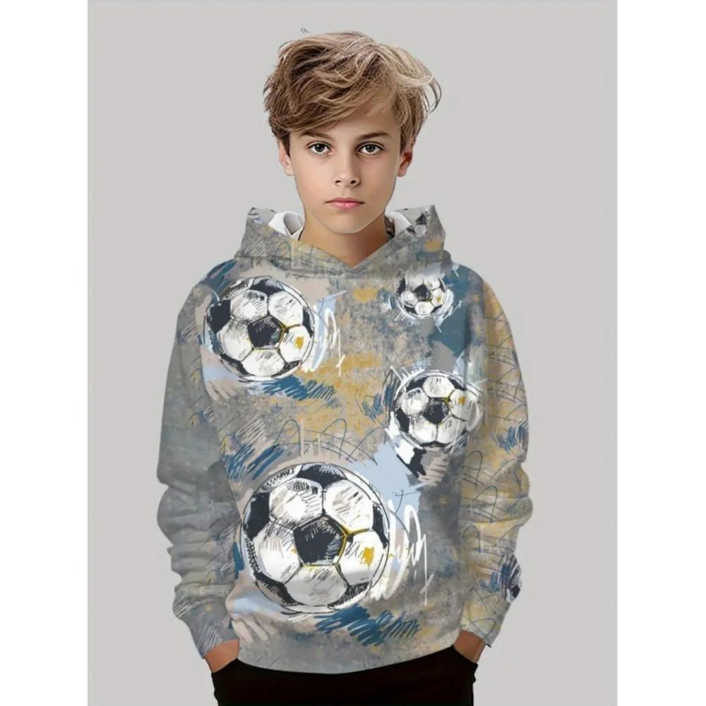 Boys' 3D Soccer Ball Harajuku Print Hoodie Casual Polyester Long Sleeve, Slight Stretch, Hooded Outdoors Sweatshirt for Running