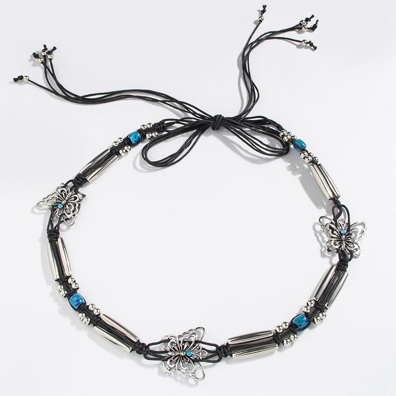 New Boho Style Butterfly Silver Beads Weaving Knotted Ethnic Style Handmade Women's Belt Casual Vacation Style Waist Rope