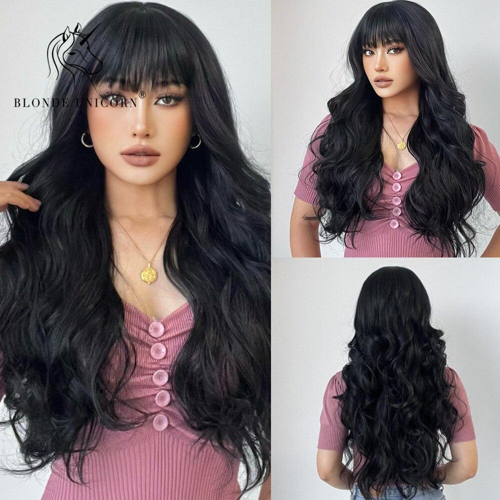 BLONDE UNICORN Ombre hnědá měděná červená syntetická paruka Dlouhé vlnité paruky s ofinou Cosplay Party Použití tepelně odolného vlákna pro ženy