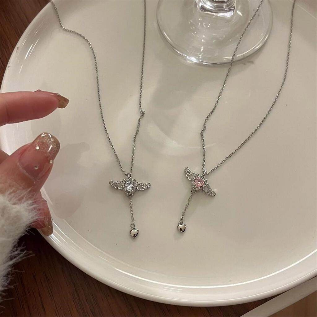 Y2K Crystal Zircon Heart Pendant Necklace Angel Wing Elegant Clavicle Chain
