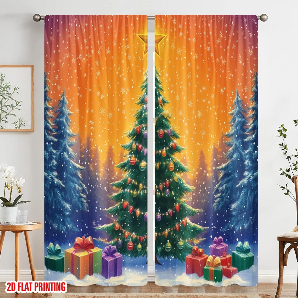 2pcs,2D Plane Printing Print Curtains Christmas Tree Gifts Snowfall (2) Polyester Easy Install (without Rod) Room Decor Perfect
