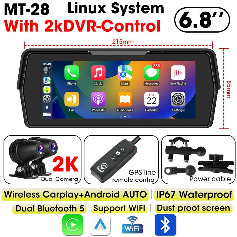 6.8 Inch Motorcycle Navigation 2K DVR Wireless CarPlay Android Auto IP67 Waterproof Dual Bluetooth Display Screen Portable TPMS