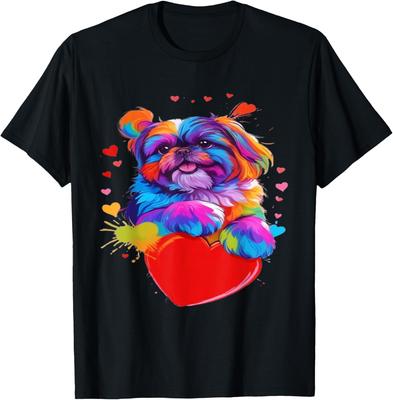 Colorful Shih Tzu Heart Graphic T-Shirt Cute Dog Lover Casual Short Sleeve Tee