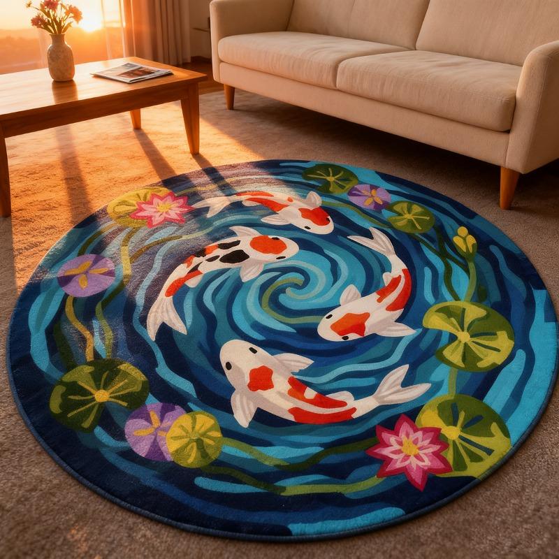 

VIKAMA Colourful Koi Pond Round Rug Artistic Pattern Soft And Fluffy Plush Rug For Bedroom And Living Room Home Decor 60cm by 60cm