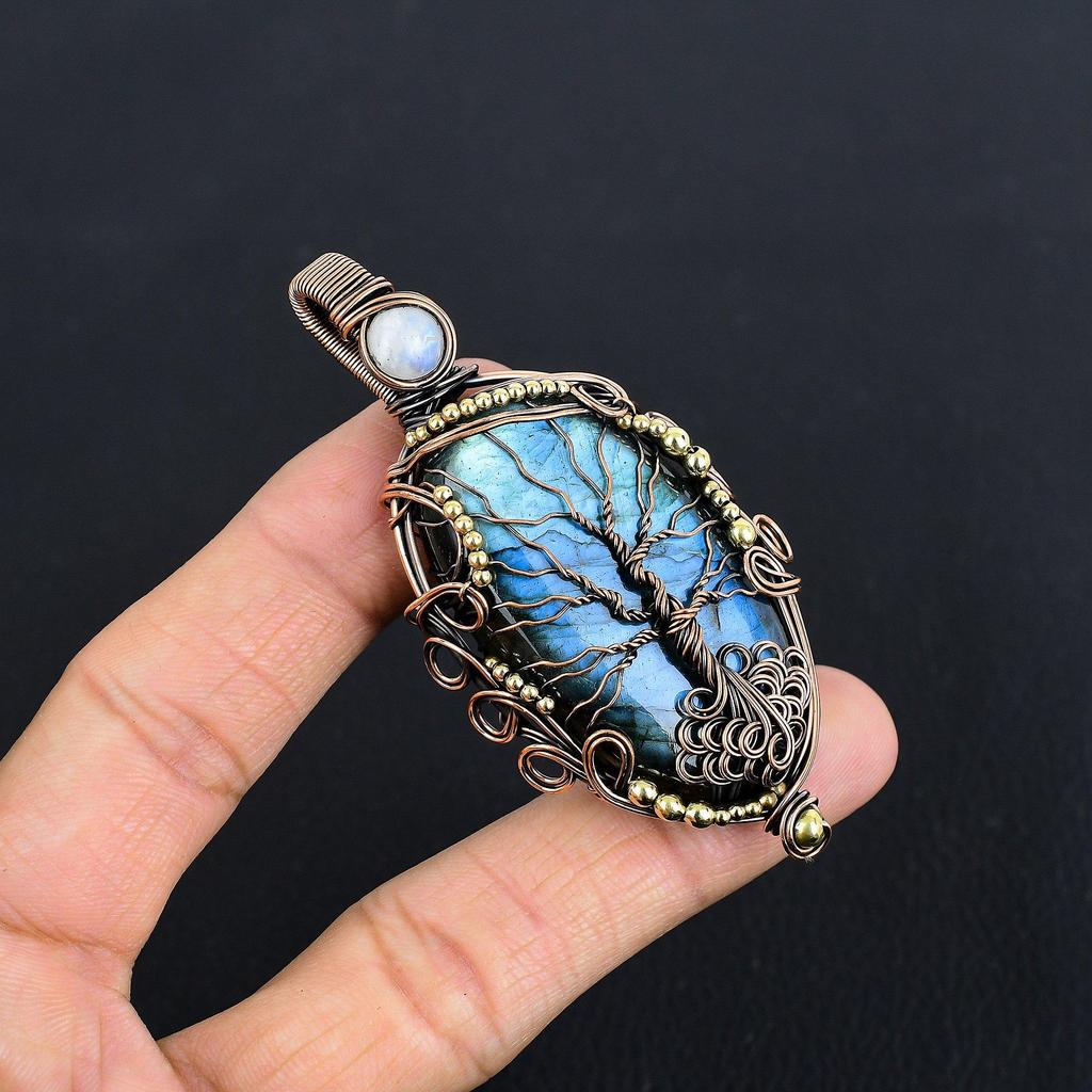 Labradorite Pendant, Handmade Gemstone 999 Copper Wire Wrapped Pendant Antique Jewelry, For Gift Silver Jewelry