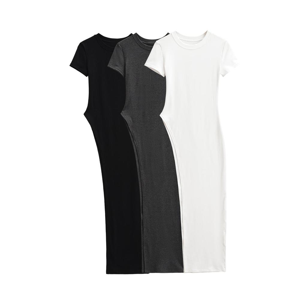 European & American Irregular Split Round Neck T-shirt Dress with Long & Short Sleeves – Women's Slim Fit Base Layer Top