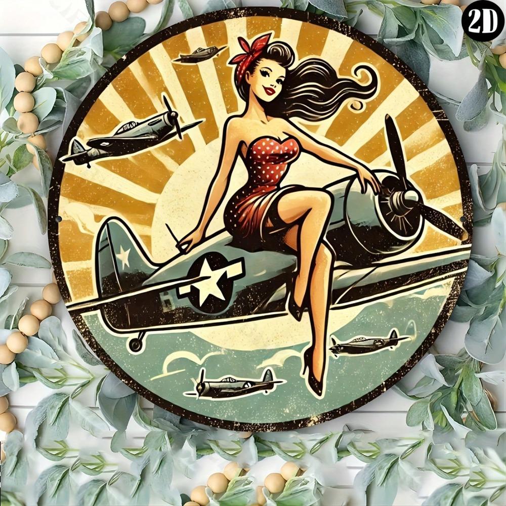 Vintage Pinup Girl Aviation Metal Tin Sign 8 Inch Retro Wall Art for Home Bar Cafe Gift