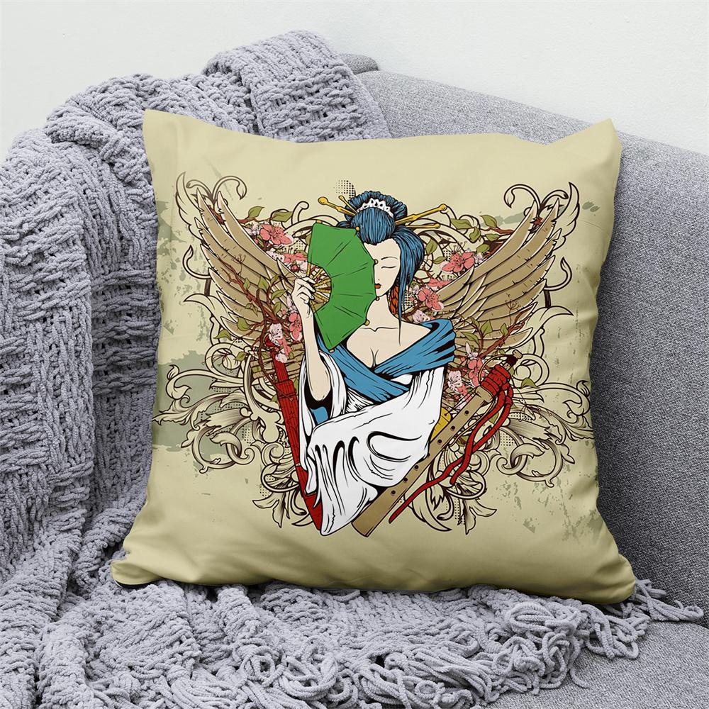Lucky Cat Japanese Style Sofa Bed Decorative Pillow Cover Home Decor Mount Fuji  Art Cushion