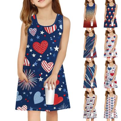 Girl Summer Dress Sleeveless Printed Color Casual Dress With Pocket