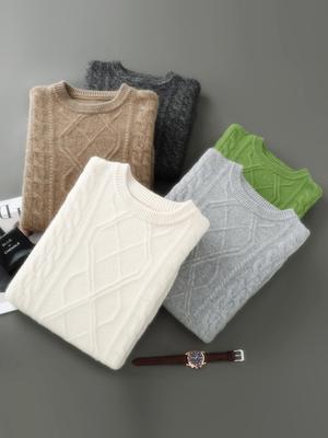 Dreisträngiger dicker Herren-Woll-Zopfmuster-Pullover – Rundhalsausschnitt, Locker, Große Größen für Herbst/Winter