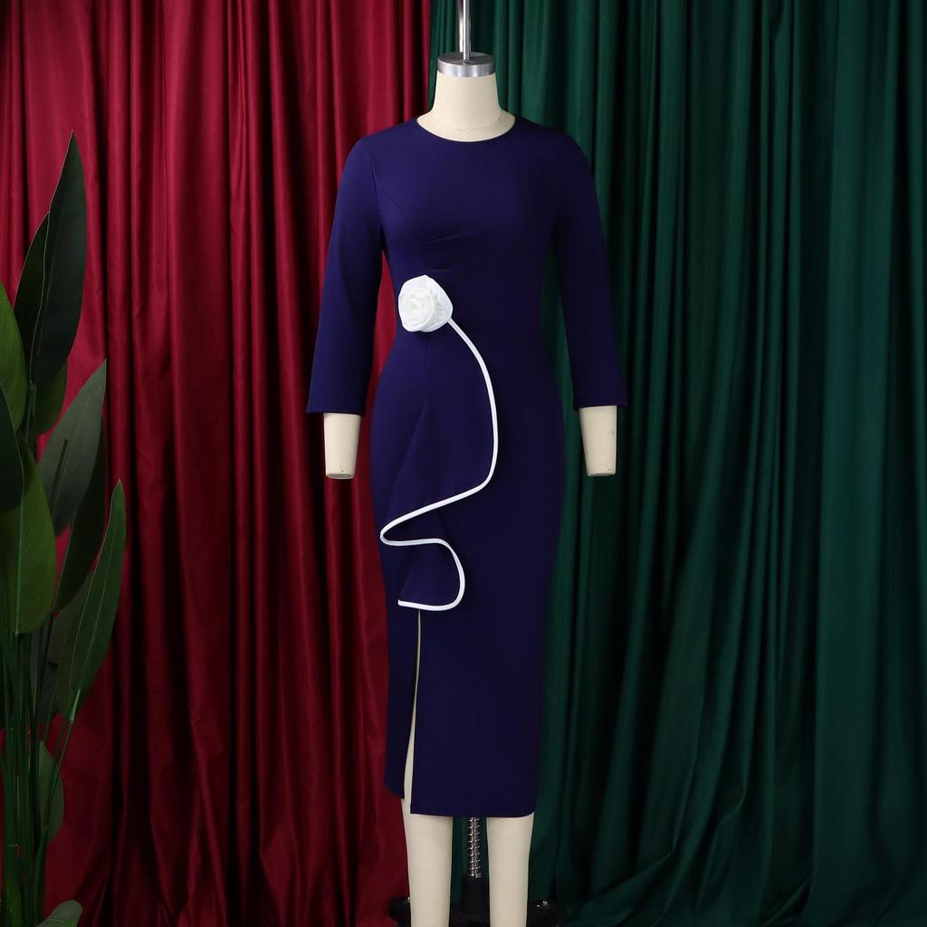 D612 Women's Winter 2025 Elegant Ruffle Bodycon Slit Dress