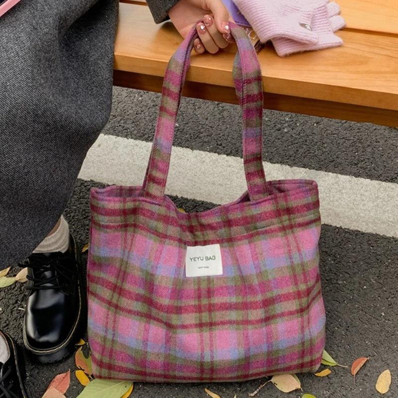 Colored Plaid Women's Woolen Shoulder Bags Vintage Large Capacity Ladies Handle Canvas Tote College Style Girls Book Handbags