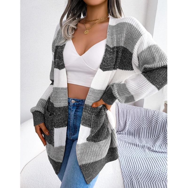 Vintage Stripe Knitted Cardigan Women Long Sleeve Open Stitch Loose Sweaters Coat Casual Pull Femme Loose Elegant Knitwear 28204
