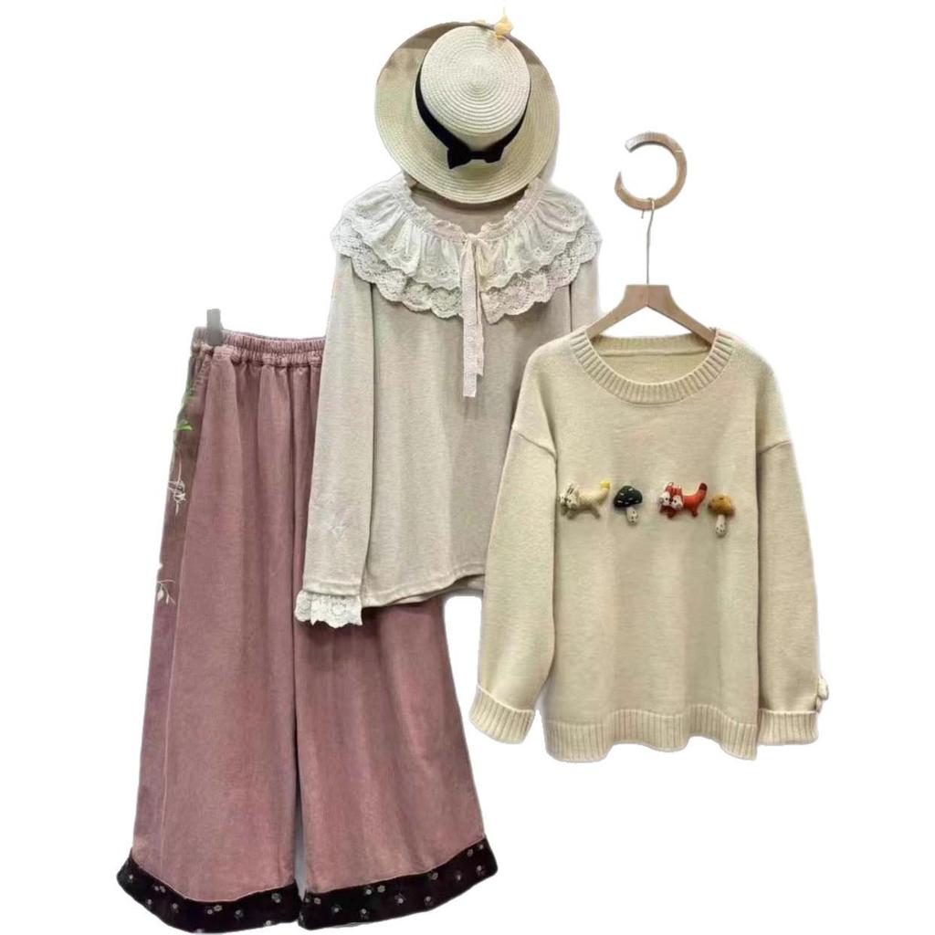 Artistic Autumn 3D Fox & Mushroom Knit Sweater for Women