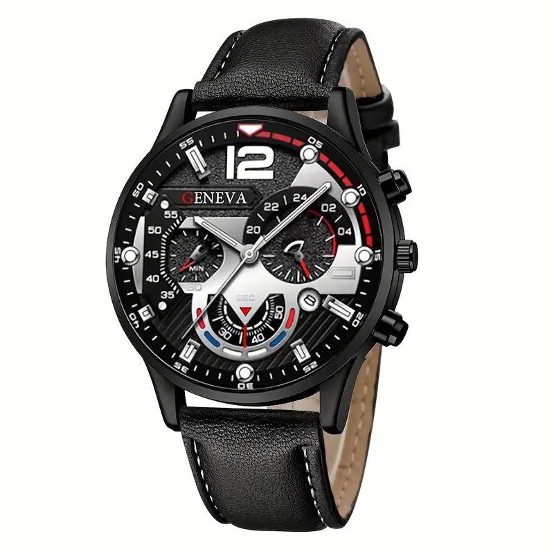 Fashionable Casual Sophisticated Business Leather Belt Men's Watch Cross Pendant Necklace Bracelet Set Quartz Movement