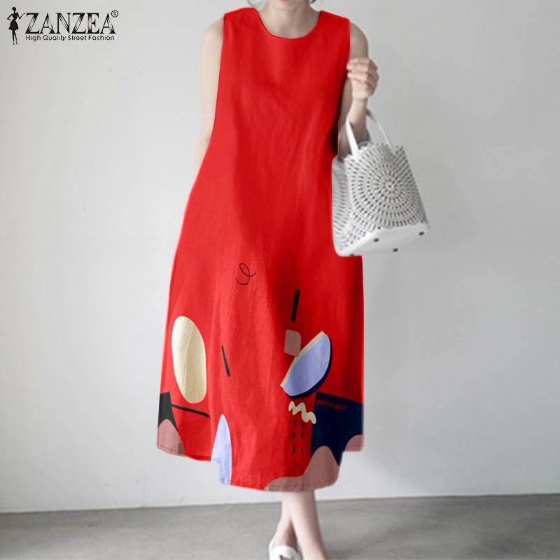 ZANZEA Womens Casual Round Neck Loose Summer Sleeveless Print Dress