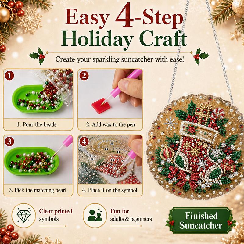 2D Flat 2Pcs Christmas Stocking & Bell Pearl Diamond Painting Suncatcher Kit, 7.87Inch, DIY Christmas Decorations Craft, Pre‑Attached Metal Chain