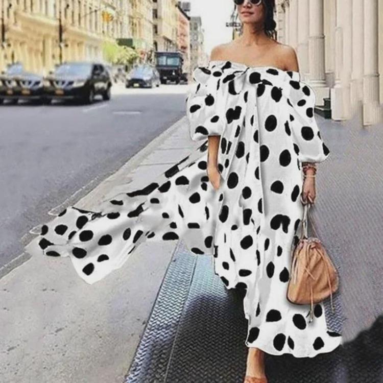 2025 European American Style Bohemian Off Shoulder Polka Dot Maxi Dress