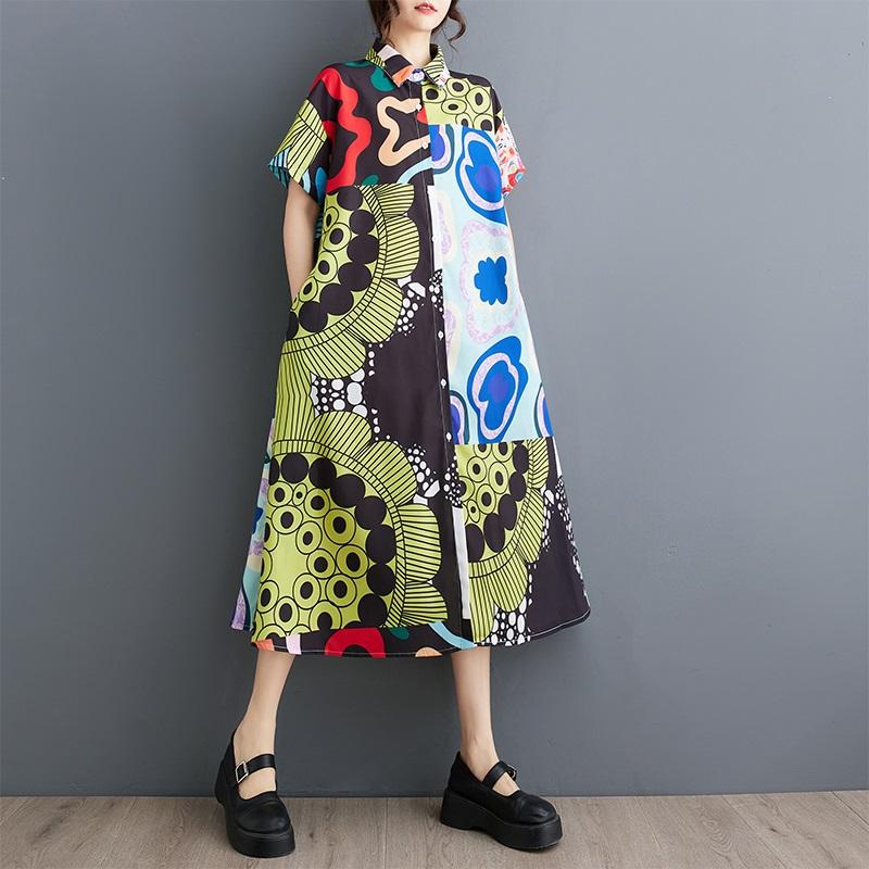 

Новое винтажное платье с цветочным принтом больших размеров с коротким рукавом для женщин, повседневное свободное длинное летнее платье-рубашка зелёный