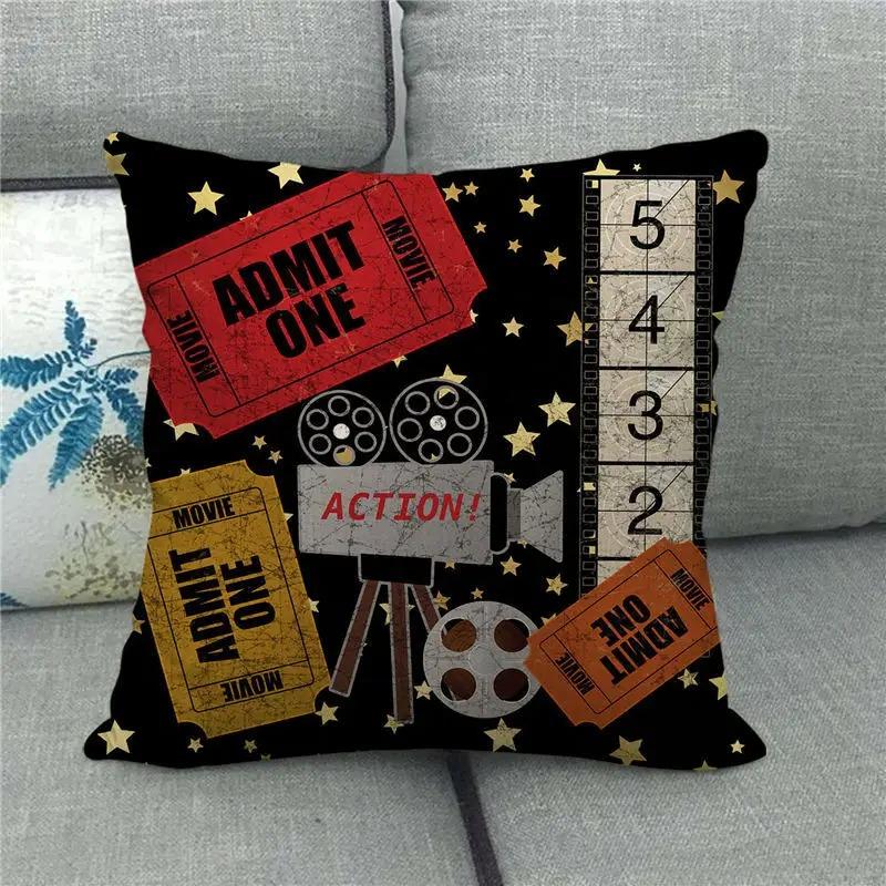 Vintage Cinema Movie Theme Pillow Cover Cushion Cover Film Throw Pillow Case For Home Theater Sofa Decor Peach Skin 1 Pc 40X40