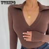 Damen V-Ausschnitt Langarm Skinny T-Shirts Damen Gestrickte Tops Herbst Winter Feste Beiläufige Dünne Damen Tees Streetwear
