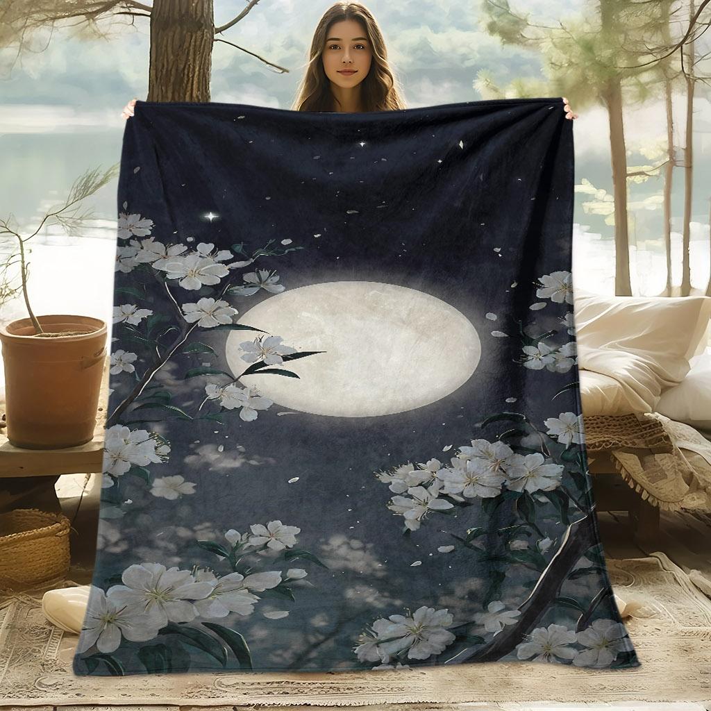 1pc Skin-friendly Digital Print Blanket with a "Flowers Under the Moon" Pattern, Suitable for All Seasons, a Sofa Throw, 100% Polyester Fiber, Soft an