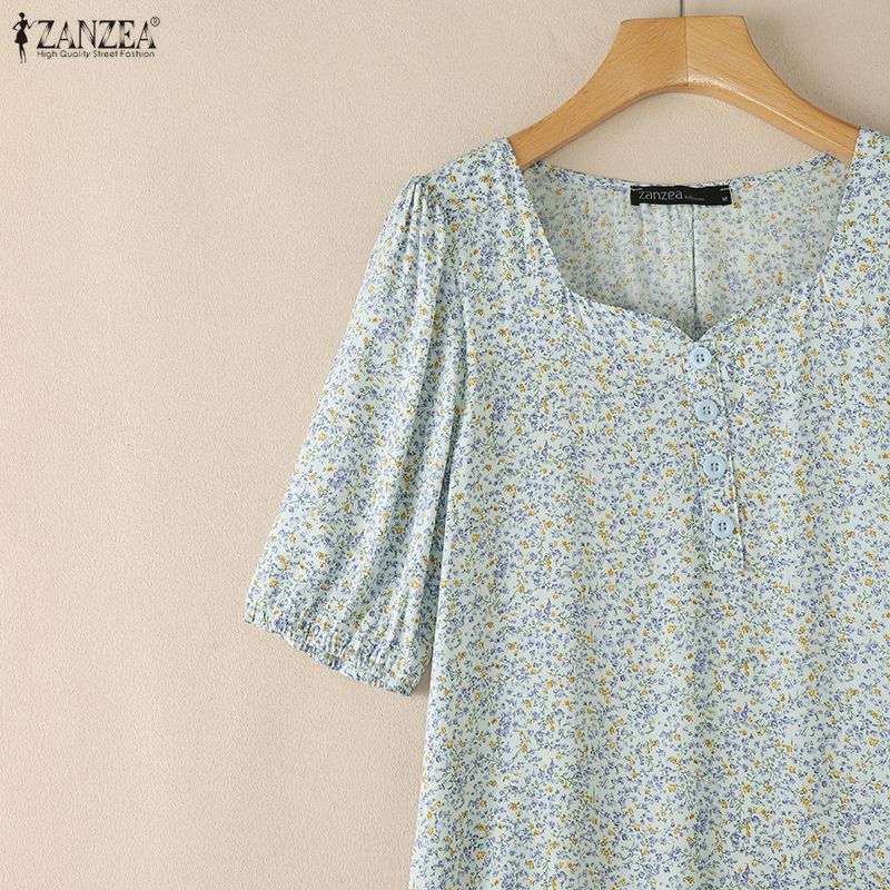 ZANZEA Women Casual Square Collar Summer Short Sleeve Floral Dress