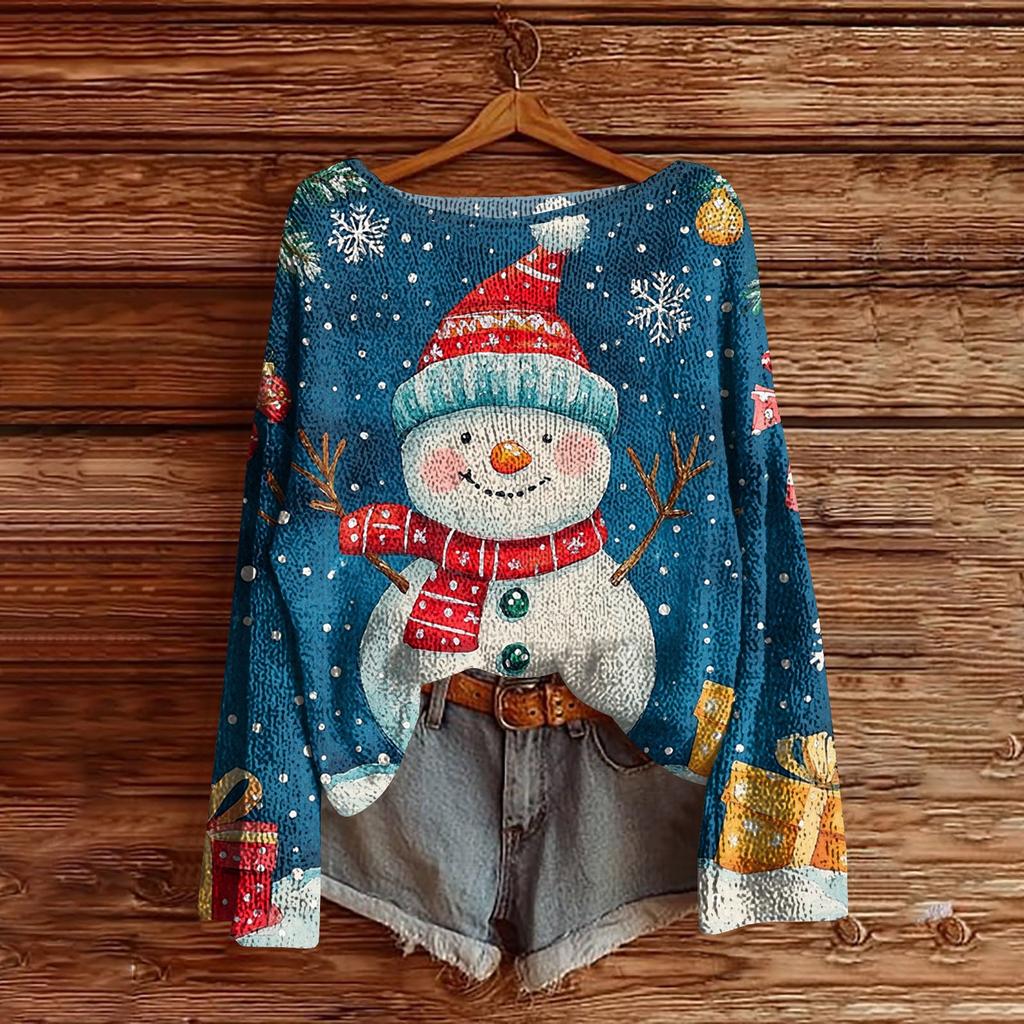 Women's Christmas Print Lightweight Sweater Casual Long Sleeve Knitted Pullover