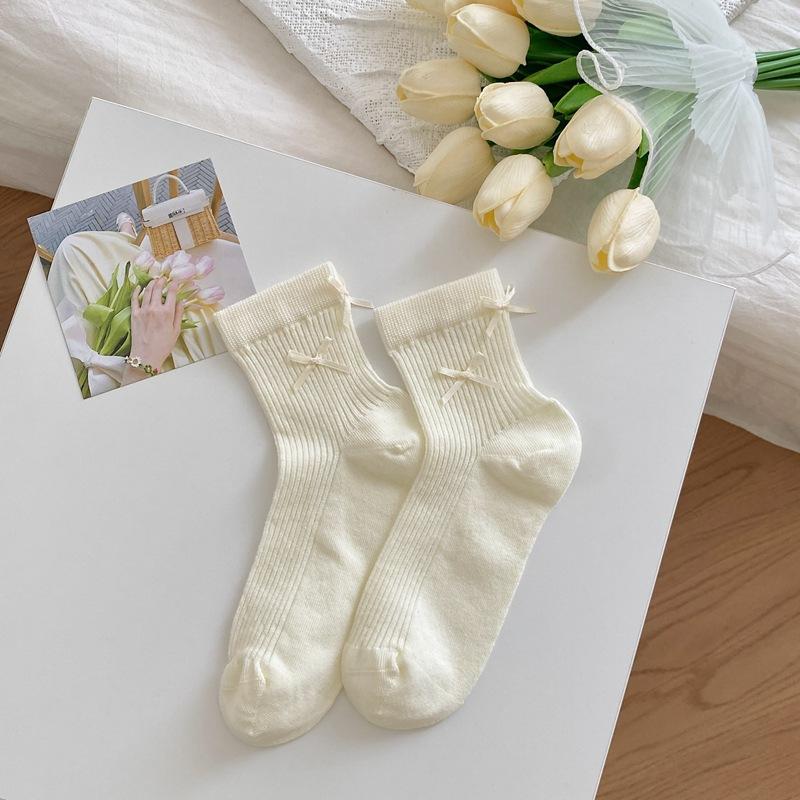 Mesh Breathable And Standardized Double Bow Solid Color Short Socks For Women Versatile White Thin Women'S Socks