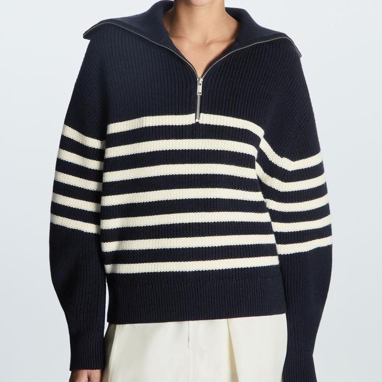 Maglieria a righe da donna a collo alto con revers larghi, pullover da donna nuovi semplici con mezza zip, moda casual