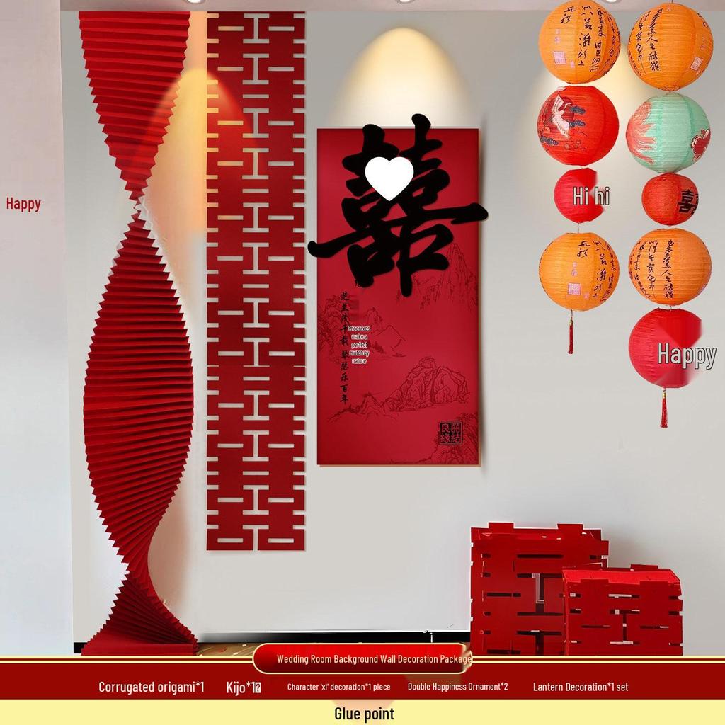 Wedding Room Decoration Set: Bride & Groom's Background Wall Decor with Double Happiness Pull Flower for Living Room & Bedroom