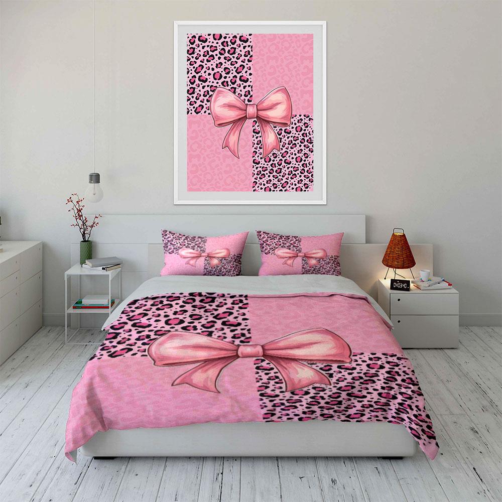 "Pink Leopard Bow Set Decor" Soft Skin-Friendly Bedding Set Includes 1 Duvet Cover And 2 Pillowcase Gift