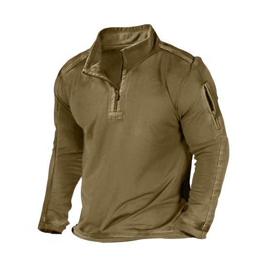 Men Spring Fall Shirt Zippered Turn-down Collar Loose Long Sleeves Mid Length Top Pure Color Pullover Sports Fitness Daily Wear Sweatshirt