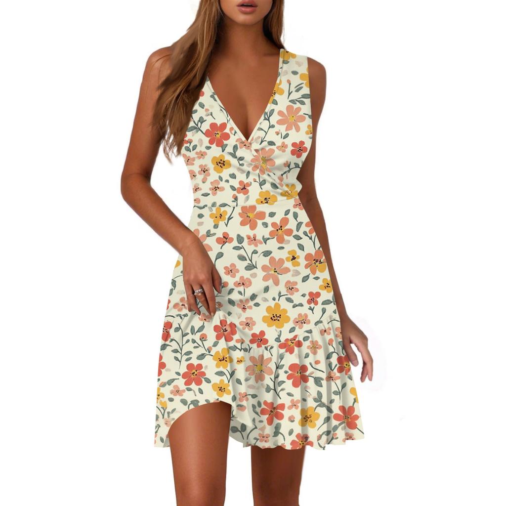 Ladies Casual Fashion V-Neck Sleeveless  Print Dress