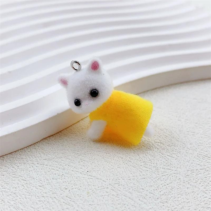 Dress Cat Pendant Cute 3D Hairy Flocking Animal Cat Charms Miniature Dolls Keychain Necklace Pendant DIY Crafts Jewelry Make
