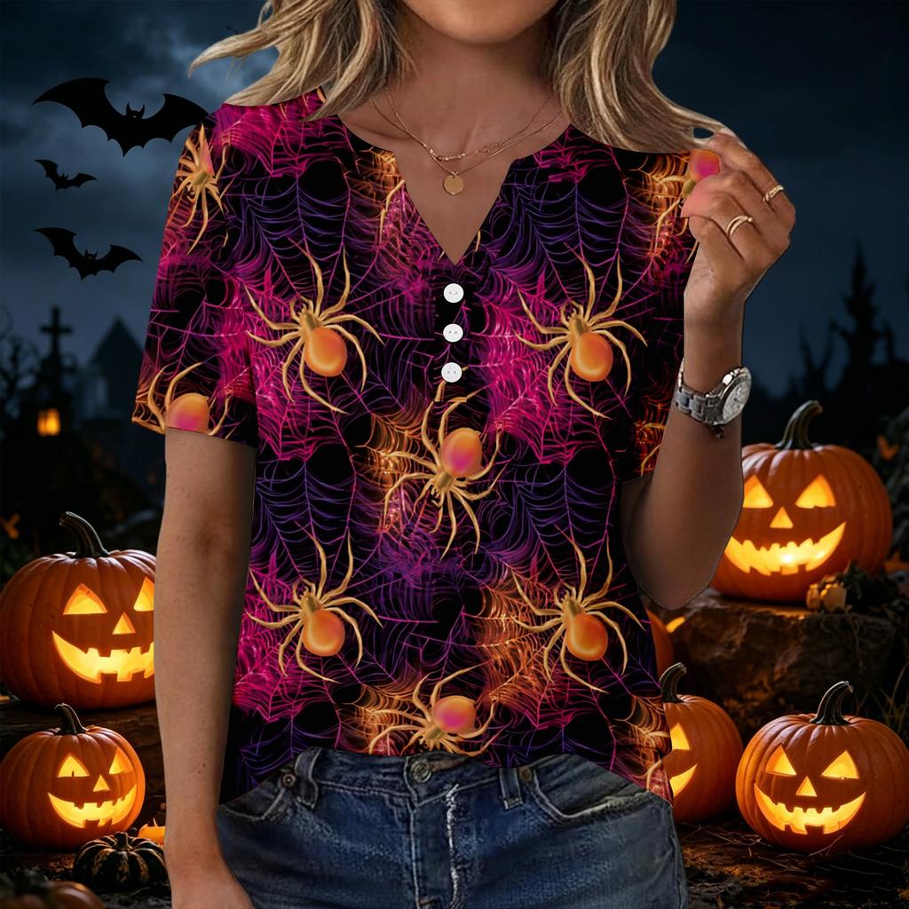 Womens Halloween Print V Neck Short Sleeve Button T Shirt Casual Fashion Top Lightweight Comfortable Fit