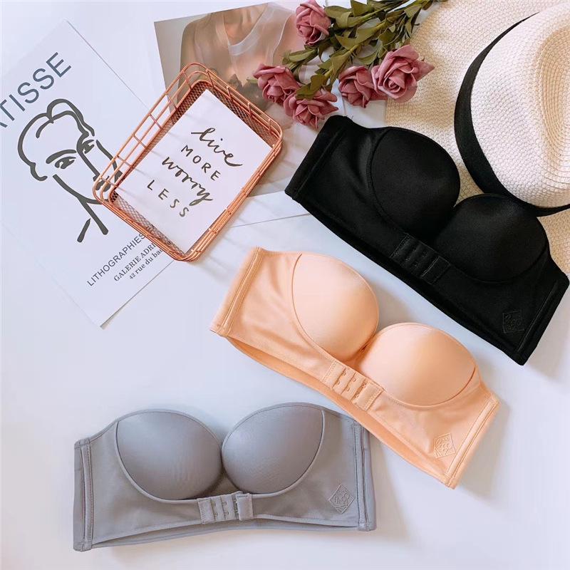 Women's Strapless Non-Slip Push-Up Bra - Front Buckle, Wire-Free, Adjustable, Thickened for Small Chest