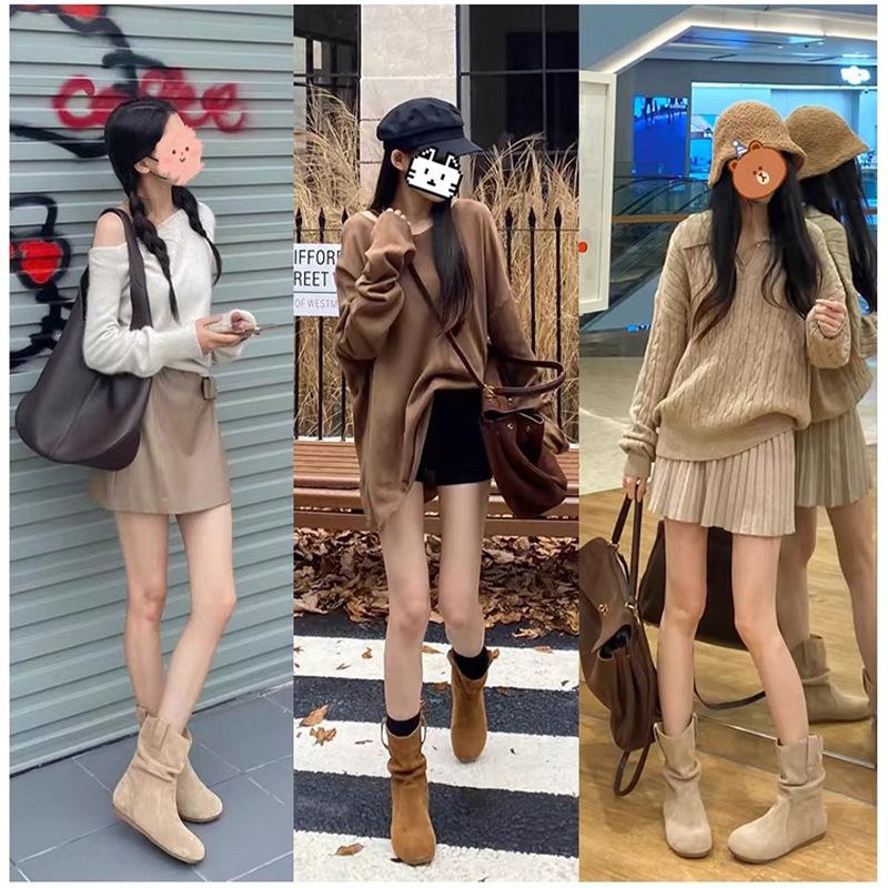 Cowhide Version~ Mushroom Glutinous Lazy Wind Suede Pile Boots Women's 2025 Autumn and Winter New Western Internet Celebrity Short Boots