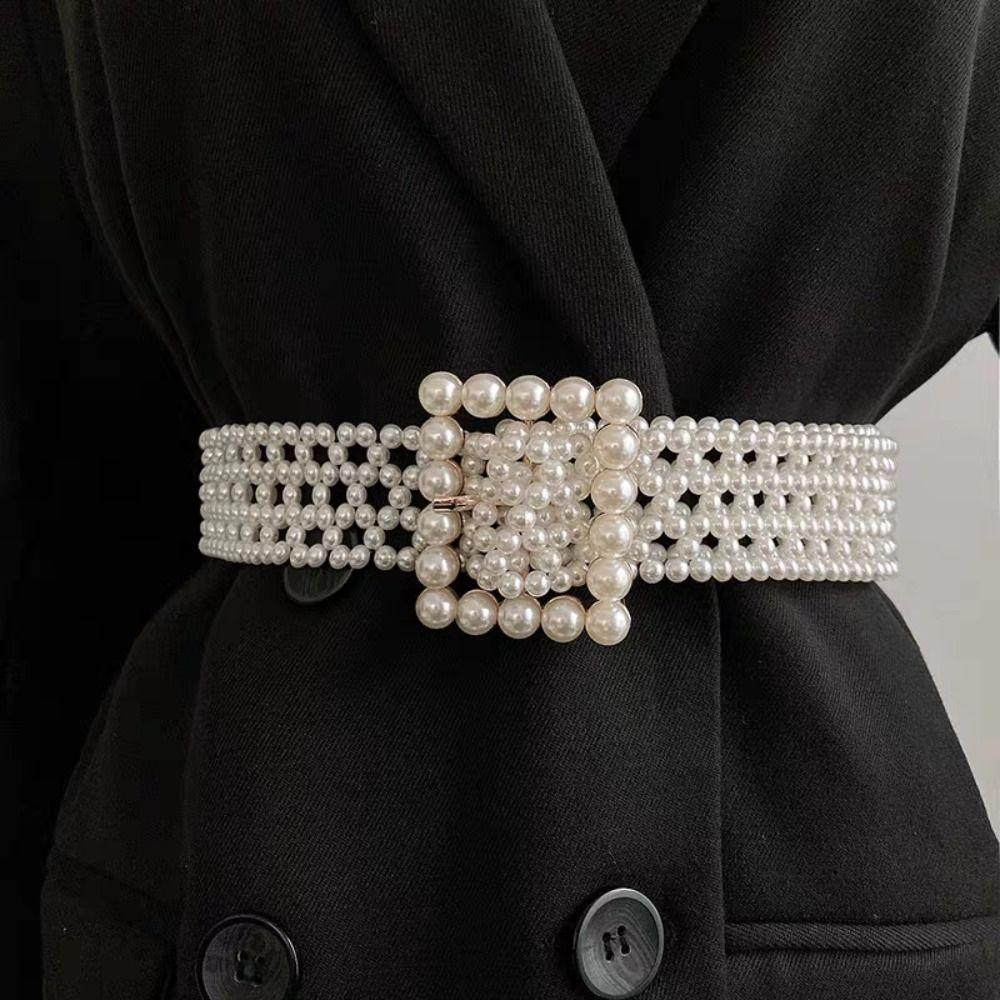 Hollow Pearl Waist Chain Elastic Band Beadeds Body Chain Fashion Pearl Waist Belt  Coat