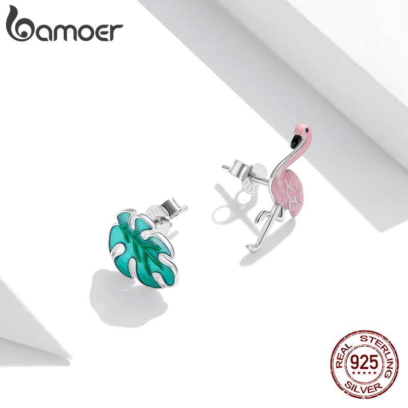 

Серьги-гвоздики BAMOER из стерлингового серебра 925 пробы с фламинго и листьями, свежие серьги-гвоздики для девочек, ювелирные изделия 925 silver