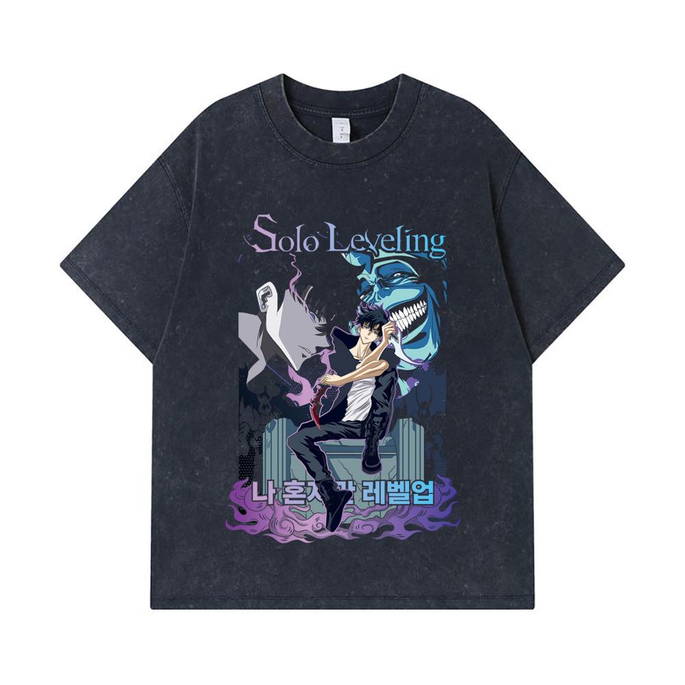 275 GSM Washed T-shirts 100% Cotton Solo Leveling V6 Print Unisex Heavy Cotton T Shirt