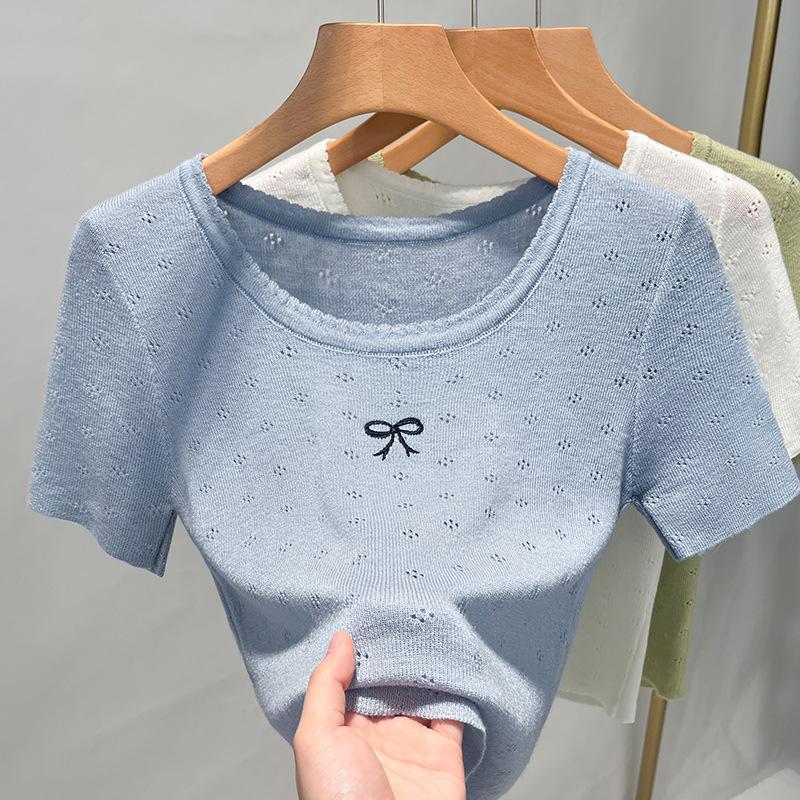 

Женский свитер с короткими рукавами из шелка Ice Silk, новая кружевная футболка с круглым вырезом, бантами и обтягивающим топом Mature one size fits all синий
