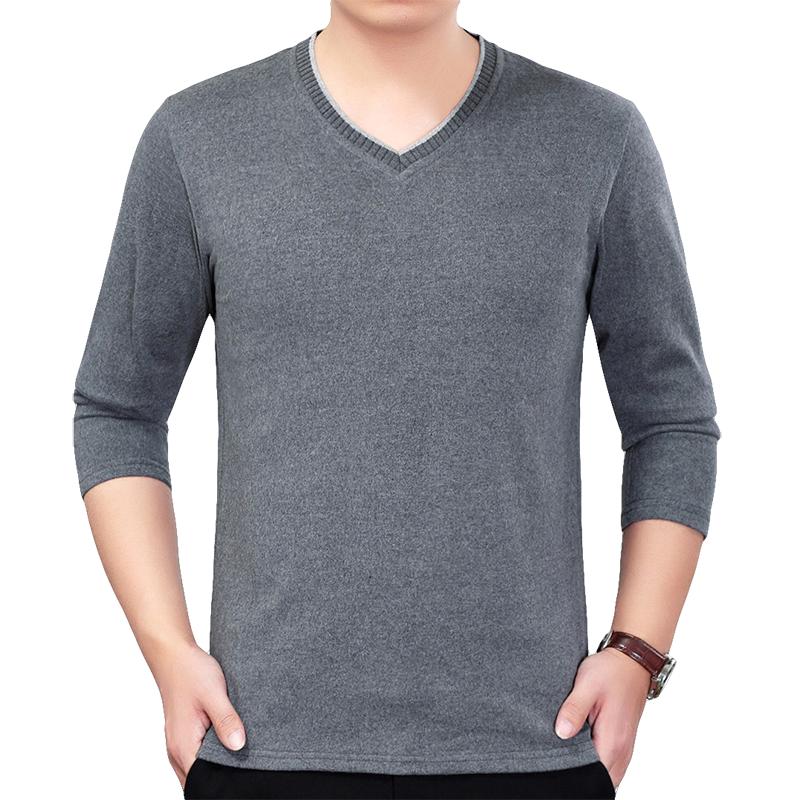 Spring and Autumn Men's V-neck Stripe Thread Decoration Loose Casual Fashion Elegant Commuting Long Sleeved Bottom Shirt