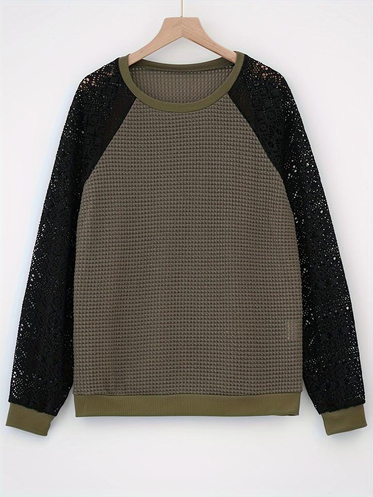 European & American 2026 Solid Lace Long Sleeve Hollow Round Neck Casual Women's T-shirt