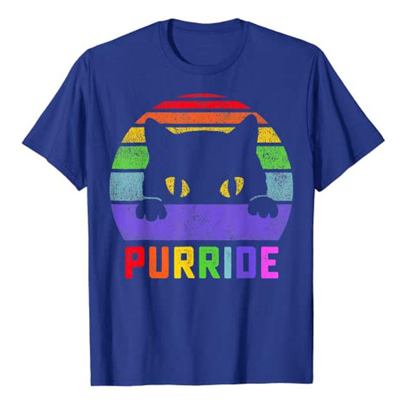 Pride Cat Purride Gay LGBTQ Rainbow Flag Retro T-Shirt Funny Kitty Lover Lesbians Graphic Tee Top Short Sleeve Blouses LGBT Gift