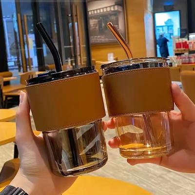 400ml with Lid Water Bottle New with Straw Creative Coffee Glass Transparent Straw Cup Drink Ware