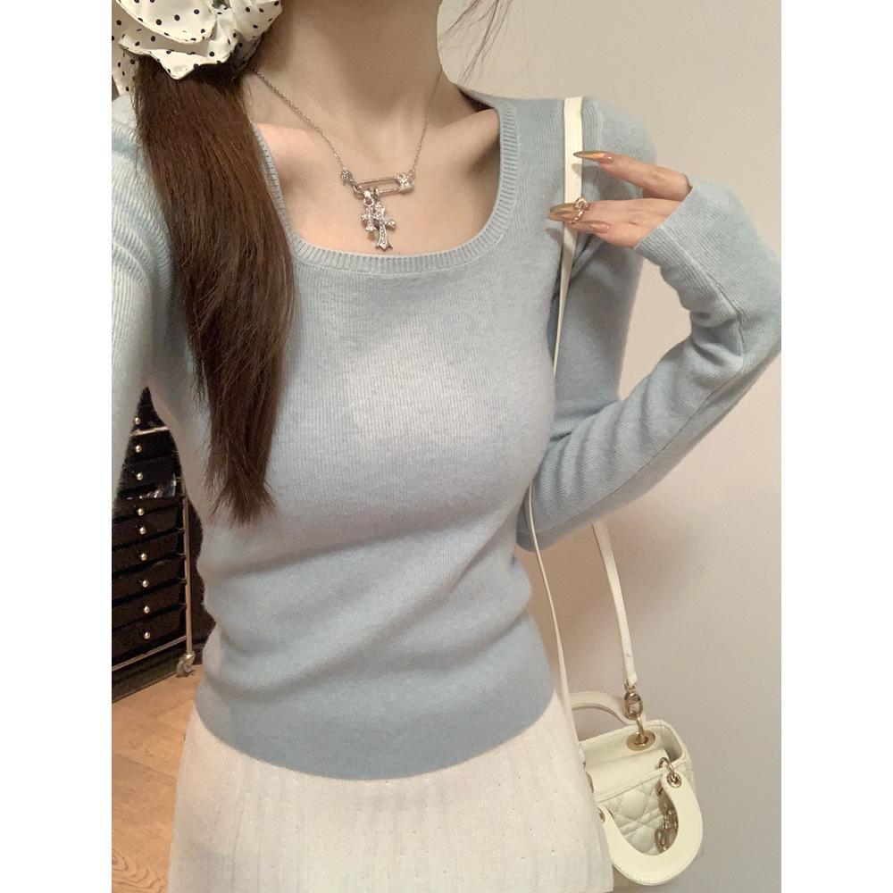 LIMEIZI Korean Style Square Neck Slim Fit Knit Sweater for Women - Autumn/Winter Fashion Base Layer