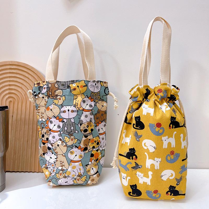 Portable Canvas Insulator Sleeve Bag Case Thermos Pouch Cartoon Pictures Closing Drawstring Storage Bag Vacuum Cup Set