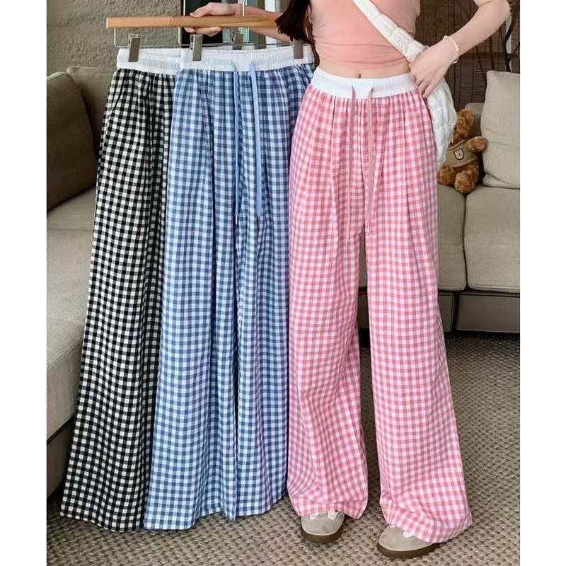 

Women s Pink Plaid Wide-Leg Casual Pants M (For 80-100 Jin)