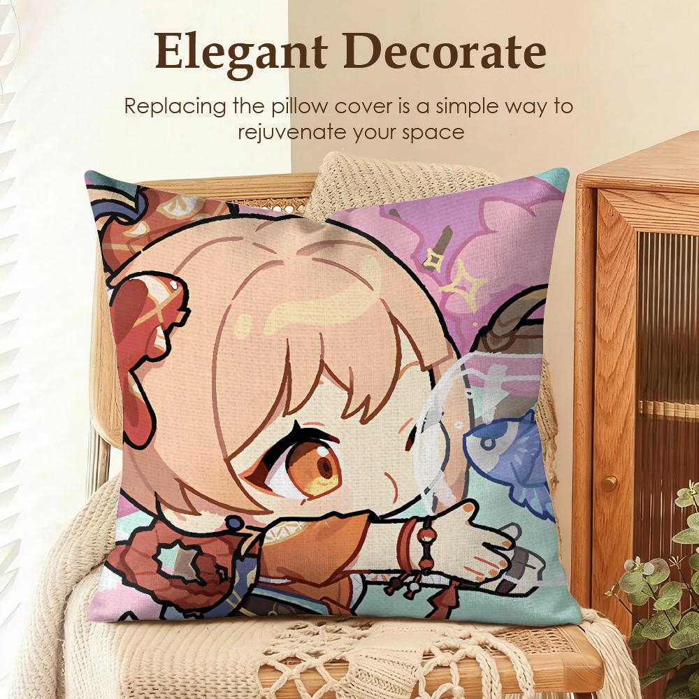 Yoimiya Cute Genshin Impact Cushion Cover Natural Linen Organic Fabric Double-Sided Printing Sofa Home Decor Gift Pillow Case